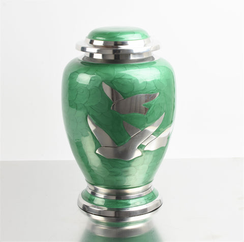 Green and Silver Flying Birds Urn