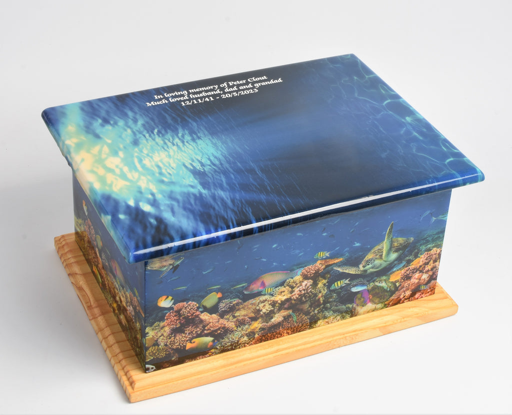 MDF/Teak Wood Casket Cremation Ashes Urn Coral Reef UrnsWithLove