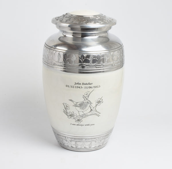 White and Silver Robin Bird Design Urn