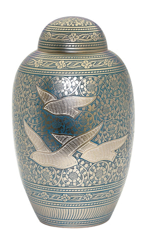 Blue flying birds urn, blue urn, blue going home ashes urn, human ashes container , cremation urn for ashes , urn for ashes , container for ashes, ashes storage jar, human ashes container, large urn , british urn, adult ashes urn, cremation urn for human ashes, funeral memorial burial remembrance URN, affordable price urn, metal urn, blue urn, free delivery urn, quick delivery urn