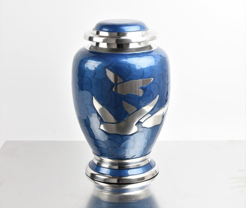 Blue and Silver Flying Birds Urn