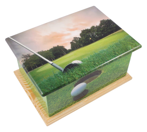 Golf wooden casket, wooden urn, wooden casket , extra large urn, ashes urn, free delivery urn, best price urn, affordable price urn, best quality urn