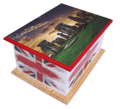 container for ashes, ashes container, large wood casket urn , Stonehenge casket , Stonehenge urn, British flag urn, adult ashes urn, cremation urn for human ashes, funeral memorial burial remembrance URN