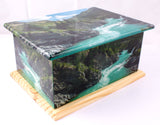 scenery urn, mountain urn, waterfall urn, scenery casket urn, ashes container, human ashes , wood casket urn, cremation urn for ashes , container for ashes, ashes container, large wood casket urn , British urn, adult ashes urn, cremation urn for human ashes, funeral memorial burial remembrance URN