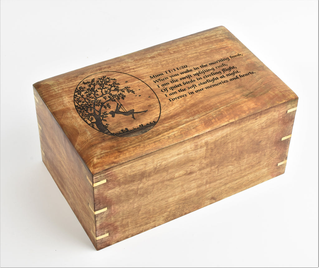 Large Solid Wood Cremation Ashes Biodegradable Engraved Casket Urn