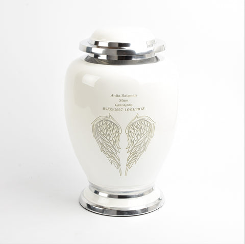 White and Silver Angel Wings Design Urn
