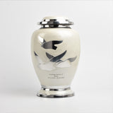White and Silver Flying Birds Aluminium Urn