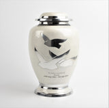 White and Silver Flying Birds Aluminium Urn