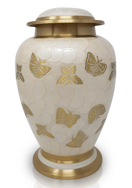 Pearl butterfly double cremation urn, white ashes urn for 2 people , extra large urn, companion urn, dual capacity urn, double capacity urn, urn for 2 adults, horse urn, urn for very large pet animal, free delivery urn, quick delivery urn, best quality urn, affordable price urn, cheap price urn